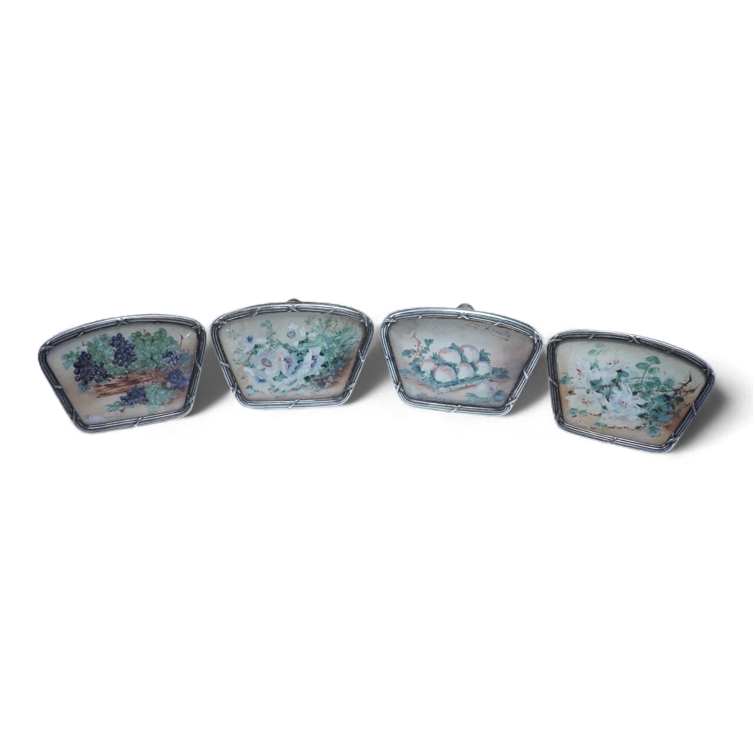 A set of four white metal and inset floral painted panel menu holders, signed Le Maitre, width 58mm, metal unmarked.